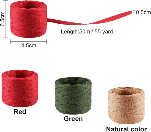 Vancool Raffia Ribbon String, 3 Rolls 492 Feet Red Green Kraft, Packing Paper Twine for Christmas, 164 Feet Each Roll in Kuwait