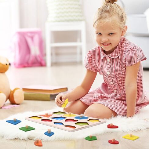 لعبة مونتيسوري، ألغاز على شكل ربط، ألغاز بيجبورد خشبية مع مقبض، أحجية للأطفال من عمر 1-3 سنوات، ألعاب ألغاز تعليمية لفرز الألوان والشكل in Kuwait