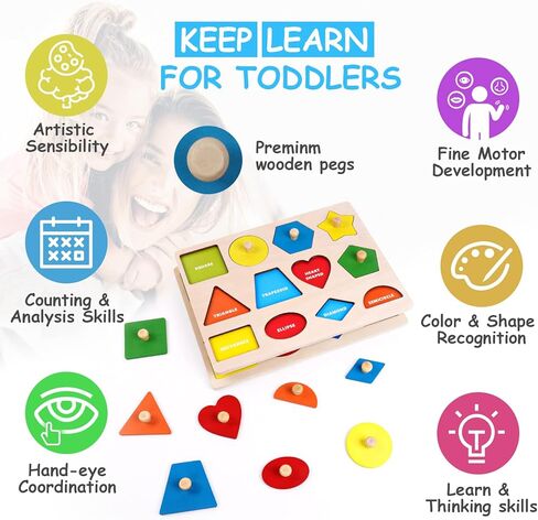 لعبة مونتيسوري، ألغاز على شكل ربط، ألغاز بيجبورد خشبية مع مقبض، أحجية للأطفال من عمر 1-3 سنوات، ألعاب ألغاز تعليمية لفرز الألوان والشكل in Kuwait