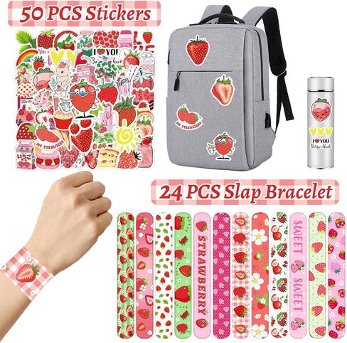 74 قطعة هدايا حفلات الفراولة من ال سي ان جيه اس سي جو، 24 قطعة من اساور التوت الحلو، 50 قطعة من ملصقات الفراولة، لوازم حفلات عيد الميلاد الاول هدايا لحفلات استقبال المولود الجديد وحفلات الفراولة in Kuwait