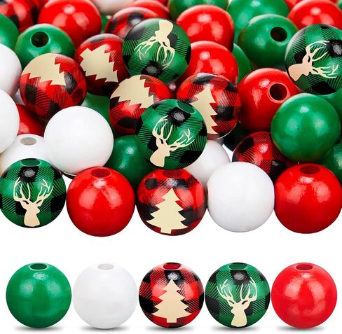 1000 Pieces 12 mm Wooden Beads Plaid Wood Beads Round Wooden Craft Beads for DIY Craft Valentine's Day Christmas Jewelry Making (Red, Green, White,Multiple Pattern) in Saudi Arabia
