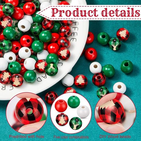 1000 Pieces 12 mm Wooden Beads Plaid Wood Beads Round Wooden Craft Beads for DIY Craft Valentine's Day Christmas Jewelry Making (Red, Green, White,Multiple Pattern) in Saudi Arabia