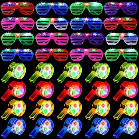 36 قطعة من لوازم الحفلات LED تتضمن 20 صافرة مضيئة مع قلادة حبل و16 قطعة من النظارات المضيئة LED تتوهج في الظلام، هدايا حفلات النيون والكرنفال والكريسماس والهالوين in Kuwait