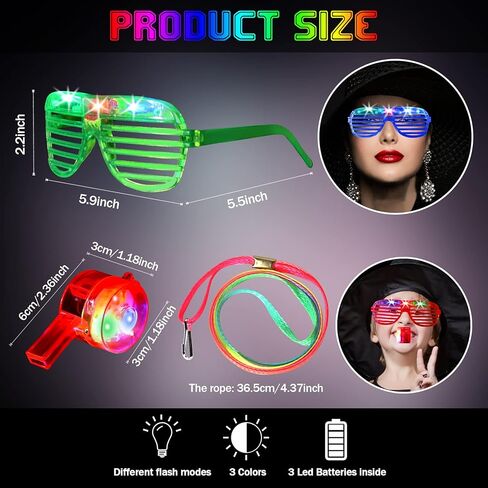 36 قطعة من لوازم الحفلات LED تتضمن 20 صافرة مضيئة مع قلادة حبل و16 قطعة من النظارات المضيئة LED تتوهج في الظلام، هدايا حفلات النيون والكرنفال والكريسماس والهالوين in Kuwait