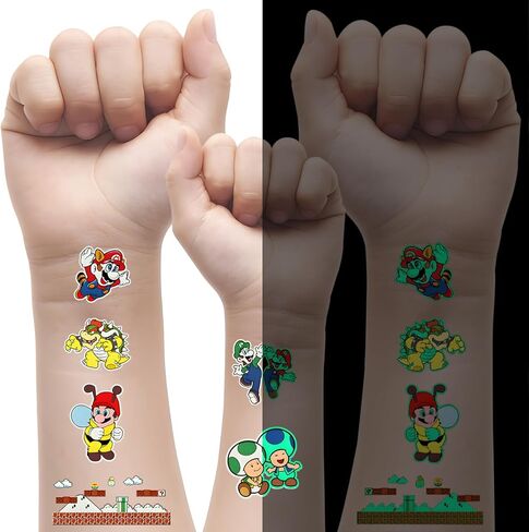 من أجل لوازم حفلات أعياد الميلاد من ماريو - 102 قطعة من زينة الوشم المؤقت لموضوع ماريو للأطفال - 12 ورقة من ملصقات الوشم المضيئة - أشياء متنوعة لمستلزمات الحفلات، حقيبة جودي للأولاد والبنات in Kuwait