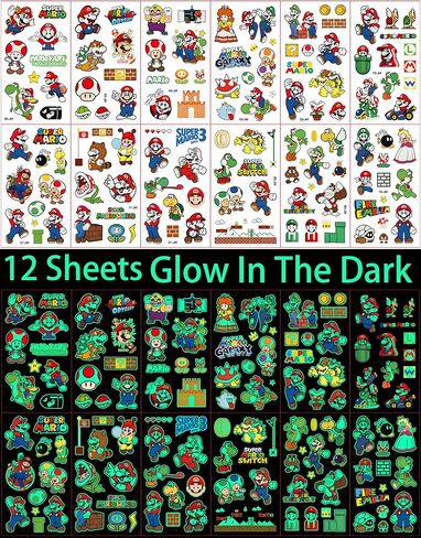 من أجل لوازم حفلات أعياد الميلاد من ماريو - 102 قطعة من زينة الوشم المؤقت لموضوع ماريو للأطفال - 12 ورقة من ملصقات الوشم المضيئة - أشياء متنوعة لمستلزمات الحفلات، حقيبة جودي للأولاد والبنات in Kuwait