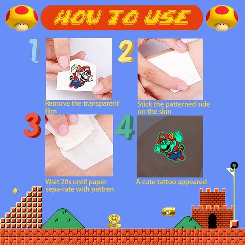 من أجل لوازم حفلات أعياد الميلاد من ماريو - 102 قطعة من زينة الوشم المؤقت لموضوع ماريو للأطفال - 12 ورقة من ملصقات الوشم المضيئة - أشياء متنوعة لمستلزمات الحفلات، حقيبة جودي للأولاد والبنات in Kuwait