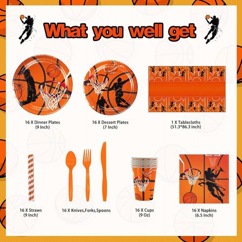 لوازم حفلات أعياد الميلاد لكرة السلة، 272 قطعة من ديكورات الحفلات ذات طابع كرة السلة للأولاد الصغار - الخلفية، الأطباق، الأكواب، المناديل، الأواني، الكعك، أغطية الكب كيك، أغلفة الكب كيك، البالونات، الدوامات المعلقة، مفارش المائدة، الملصقات تخدم 16 ضيفًا in Kuwait