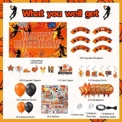 لوازم حفلات أعياد الميلاد لكرة السلة، 272 قطعة من ديكورات الحفلات ذات طابع كرة السلة للأولاد الصغار - الخلفية، الأطباق، الأكواب، المناديل، الأواني، الكعك، أغطية الكب كيك، أغلفة الكب كيك، البالونات، الدوامات المعلقة، مفارش المائدة، الملصقات تخدم 16 ضيفًا in Kuwait