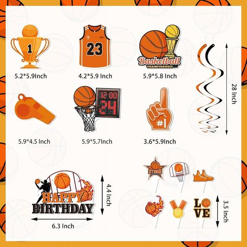 لوازم حفلات أعياد الميلاد لكرة السلة، 272 قطعة من ديكورات الحفلات ذات طابع كرة السلة للأولاد الصغار - الخلفية، الأطباق، الأكواب، المناديل، الأواني، الكعك، أغطية الكب كيك، أغلفة الكب كيك، البالونات، الدوامات المعلقة، مفارش المائدة، الملصقات تخدم 16 ضيفًا in Kuwait