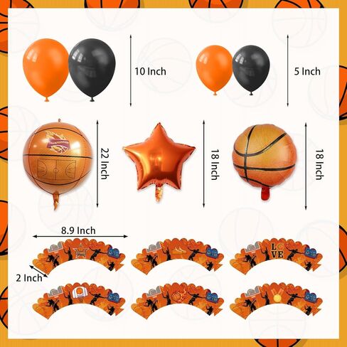 لوازم حفلات أعياد الميلاد لكرة السلة، 272 قطعة من ديكورات الحفلات ذات طابع كرة السلة للأولاد الصغار - الخلفية، الأطباق، الأكواب، المناديل، الأواني، الكعك، أغطية الكب كيك، أغلفة الكب كيك، البالونات، الدوامات المعلقة، مفارش المائدة، الملصقات تخدم 16 ضيفًا in Kuwait