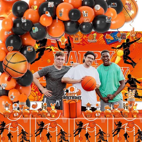 لوازم حفلات أعياد الميلاد لكرة السلة، 272 قطعة من ديكورات الحفلات ذات طابع كرة السلة للأولاد الصغار - الخلفية، الأطباق، الأكواب، المناديل، الأواني، الكعك، أغطية الكب كيك، أغلفة الكب كيك، البالونات، الدوامات المعلقة، مفارش المائدة، الملصقات تخدم 16 ضيفًا in Kuwait