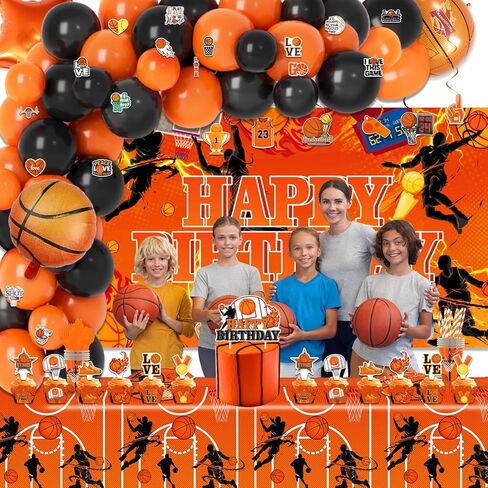 لوازم حفلات أعياد الميلاد لكرة السلة، 272 قطعة من ديكورات الحفلات ذات طابع كرة السلة للأولاد الصغار - الخلفية، الأطباق، الأكواب، المناديل، الأواني، الكعك، أغطية الكب كيك، أغلفة الكب كيك، البالونات، الدوامات المعلقة، مفارش المائدة، الملصقات تخدم 16 ضيفًا in Kuwait