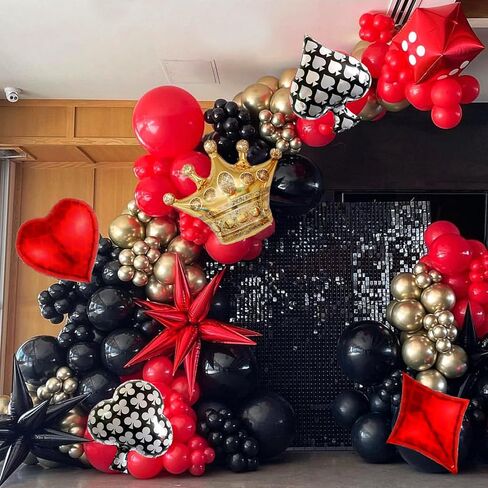 اوينييرو مجموعة قوس بالونات بنمط كازينو باللونين الاحمر والاسود والذهبي مع بالونات على شكل تاج النرد لكازينو رويال واحتفالات اعياد الميلاد والتخرج والمناسبات الليلية في لاس فيغاس وزينة الحفلات in Kuwait