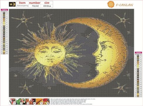 اف-كانلان مجموعة لوحة ماسية دائرية كاملة الحفر 5 دي بتصميم وجه الشمس والقمر مع الماس للشمس والقمر، لوحة فنية ماسية بالأرقام للمبتدئين، لوحة الماس مع ديكور غرفة جوهرة (16 × 12 انش) in Kuwait
