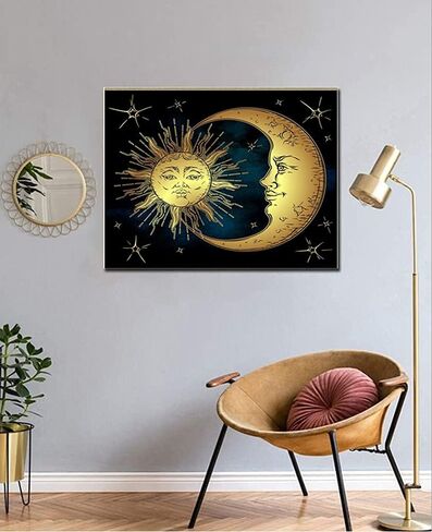 اف-كانلان مجموعة لوحة ماسية دائرية كاملة الحفر 5 دي بتصميم وجه الشمس والقمر مع الماس للشمس والقمر، لوحة فنية ماسية بالأرقام للمبتدئين، لوحة الماس مع ديكور غرفة جوهرة (16 × 12 انش) in Kuwait