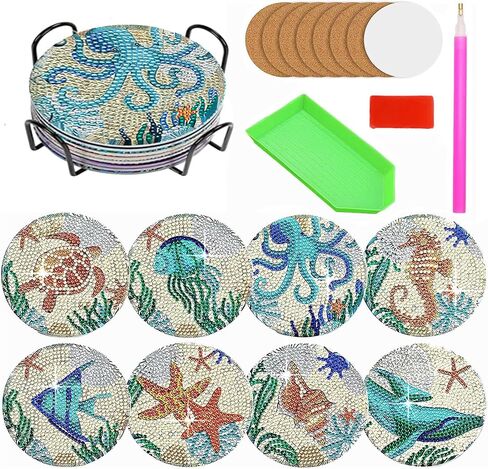 SLIMIC 8Pcs Diamond Painting Coasters Kits with Holder 5D DIY Diamond Art Crafts Diamond Art Coasters Small Diamond Painting Kits Accessories for Adults, Beginners, Kids(Mandala) in Saudi Arabia