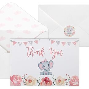 VNS Creations 50 Baby Shower Thank You Cards - Boy Baby Shower Thank You Cards- Baby Shower Cards - Elephant Baby Shower Thank You Cards - Baby Boy Shower Card with Envelopes & Stickers (Blue)
