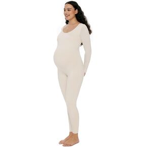 POSHDIVAH Women's Maternity Bodysuit Scoop Neck Long Sleeve Stretchy Jumpsuit Pregnancy Shapewear Romper
