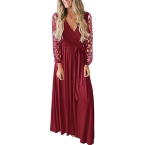 Kranda Womens Vintage Floral Lace Long Sleeve Faux Wrap V Neck Party Long Maxi Dress in Saudi Arabia