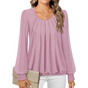 Timeson Women's Long Sleeve Scoop Neck Pleated Front Fitted Blouse Tops
