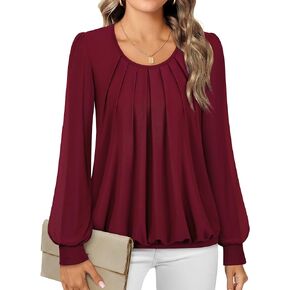 Timeson Women's Long Sleeve Scoop Neck Pleated Front Fitted Blouse Tops