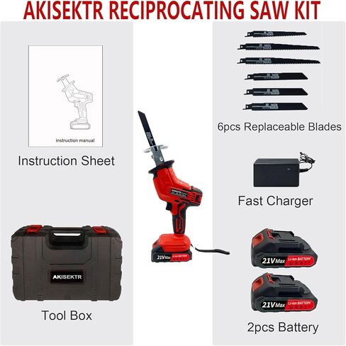 Cordless Reciprocating Saw, 6 Saw Blades for Wood & Metal, Trees, PVC Cutting, Cordless Sawzall with 2.0Ah Battery, and Fast Charger in Kuwait