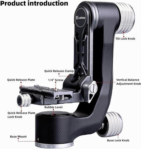 رأس جيمبال من ألياف الكربون من Leifrotto للكاميرات التي لا تحتوي على مرايا، رأس حامل ثلاثي صغير بحجم السفر نظام QR Arca-Swiss QR، التصوير باستخدام لوحة PL100N، لكاميرا DSLR حتى 66.1 رطل/30 كجم GHL5C in Kuwait