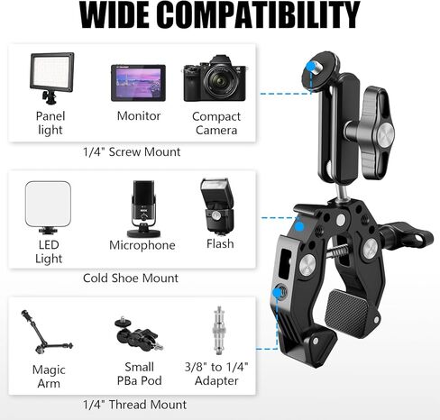 EMART Super Clamp مع ذراع سحري برأس كروي مزدوج 360 درجة، حذاء بارد، خيوط 1/4 بوصة 3/8 بوصة، محول تركيب كاميرا الهاتف/الحركة لقضيب حامل ثلاثي القوائم للمكتب وقضبان العارضة المتقاطعة المتوافقة مع كاميرا DSLR/Gopro/DJI in Kuwait