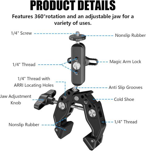 EMART Super Clamp مع ذراع سحري برأس كروي مزدوج 360 درجة، حذاء بارد، خيوط 1/4 بوصة 3/8 بوصة، محول تركيب كاميرا الهاتف/الحركة لقضيب حامل ثلاثي القوائم للمكتب وقضبان العارضة المتقاطعة المتوافقة مع كاميرا DSLR/Gopro/DJI in Kuwait
