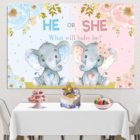زينة حفلات استقبال المولود الجديد بتصميم فيل من ميستيكر، خلفية تصوير فوتوغرافي لحفلات استقبال المولود باللون الازرق والبينك، ديكورات حفلات استقبال المولود الجديد، ديكورات حفلات اعياد الميلاد (7×5 قدم) in Kuwait