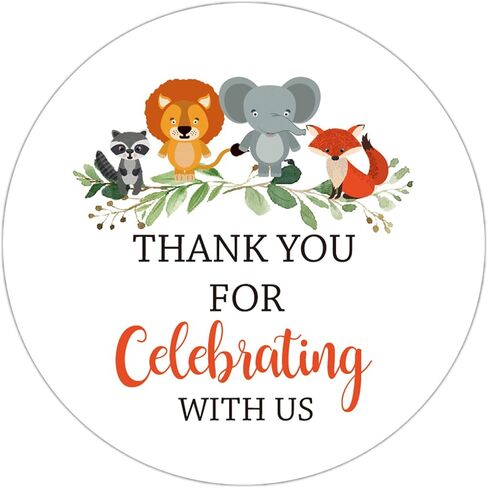 50 عبوة من 50 ستيكر لاصق 2 انش بعبارة «Thank You For Celebrating With Us» لحفلات استقبال المولود الجديد، ملصقات بعبارة «Thank You» على شكل حيوانات الغابة لحفلات استقبال المولود الجديد، هدايا حفلات in Kuwait