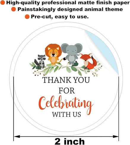 50 عبوة من 50 ستيكر لاصق 2 انش بعبارة «Thank You For Celebrating With Us» لحفلات استقبال المولود الجديد، ملصقات بعبارة «Thank You» على شكل حيوانات الغابة لحفلات استقبال المولود الجديد، هدايا حفلات in Kuwait