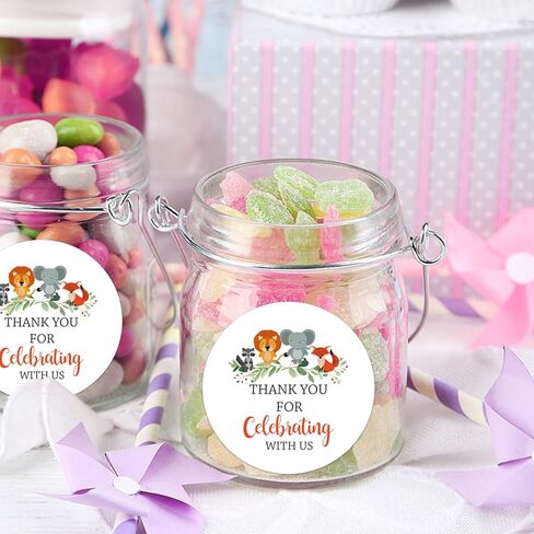 50 عبوة من 50 ستيكر لاصق 2 انش بعبارة «Thank You For Celebrating With Us» لحفلات استقبال المولود الجديد، ملصقات بعبارة «Thank You» على شكل حيوانات الغابة لحفلات استقبال المولود الجديد، هدايا حفلات in Kuwait