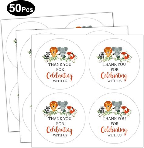 50 عبوة من 50 ستيكر لاصق 2 انش بعبارة «Thank You For Celebrating With Us» لحفلات استقبال المولود الجديد، ملصقات بعبارة «Thank You» على شكل حيوانات الغابة لحفلات استقبال المولود الجديد، هدايا حفلات in Kuwait