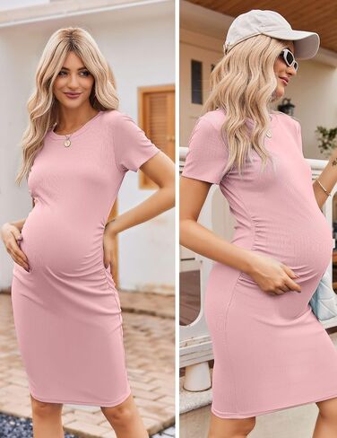 Maternity Dress for Photoshoot Baby Shower Summer Casual Dresses Pregnancy | Maternity dress features ruched ribbed bodycon styling and stretch for everyday pregnancy wear and casual summer outfits in Saudi Arabia