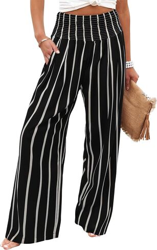 Womens High Waisted Wide Leg Palazzo Pants Casual Lounge Boho Flowy Pants with Pockets in Saudi Arabia