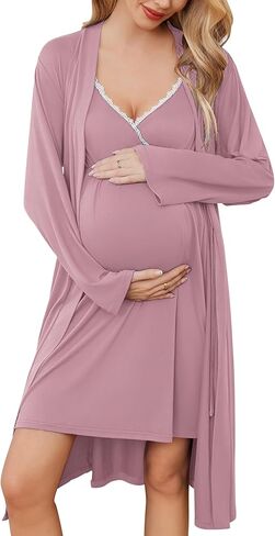 Ekouaer Nursing Nightgown and Maternity Robe Set Labor and Delivery Gown | Birthing Gown Robe for Hospital Delivery, Maternity Nursing Dress Breastfeeding Nightgown, V Neck Lace Postpartum Clothes in Saudi Arabia