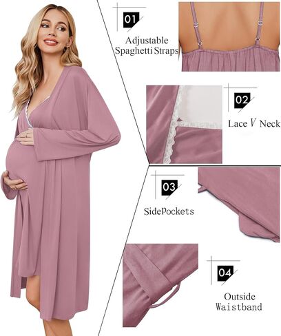 Ekouaer Nursing Nightgown and Maternity Robe Set Labor and Delivery Gown | Birthing Gown Robe for Hospital Delivery, Maternity Nursing Dress Breastfeeding Nightgown, V Neck Lace Postpartum Clothes in Saudi Arabia