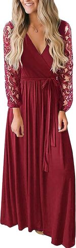 Kranda Womens Vintage Floral Lace Long Sleeve Faux Wrap V Neck Party Long Maxi Dress in Saudi Arabia