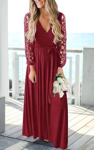 Kranda Womens Vintage Floral Lace Long Sleeve Faux Wrap V Neck Party Long Maxi Dress in Saudi Arabia