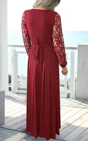 Kranda Womens Vintage Floral Lace Long Sleeve Faux Wrap V Neck Party Long Maxi Dress in Saudi Arabia