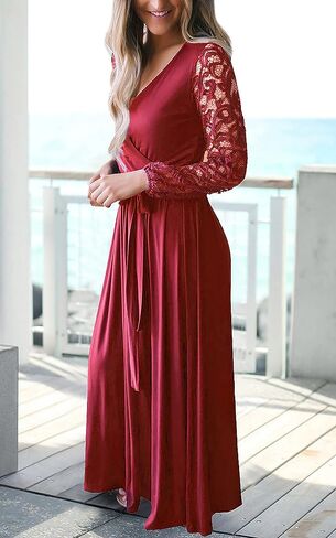 Kranda Womens Vintage Floral Lace Long Sleeve Faux Wrap V Neck Party Long Maxi Dress in Saudi Arabia