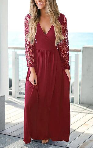 Kranda Womens Vintage Floral Lace Long Sleeve Faux Wrap V Neck Party Long Maxi Dress in Saudi Arabia