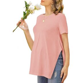 Ekouaer قمصان الأمومة النسائية قصيرة الأكمام بلايز الحمل البلوزات سبليت الجانب عادية Crewneck الحوامل سترة المحملة in Kuwait