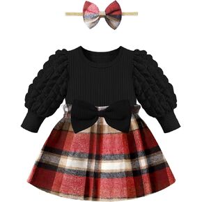 Qaoerde Baby Girl Dress Puff Sleeve Plaid Dress Ribbed Newborn Dress Clothes Fall Winter Outfits with Bowknot Headband