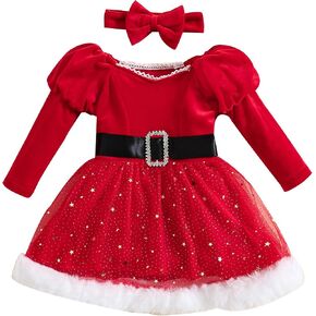 Bonangber Baby Girl Christmas Dress Santa Claus Romper Dress Red Velvet Long Sleeve Princess Tulle Dress with Headband in Kuwait