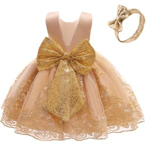 0-6T Big Bowknot Sequins Embroidered Lace Party Tutu Gown Toddler Baby Girls Dress with Headwear