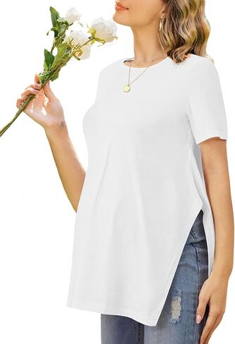 Ekouaer Women's Maternity Shirts Short Sleeve Pregnancy Tops Blouses Split Side Casual Crewneck Pregnant Tunic Tee in Kuwait