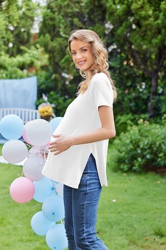 Ekouaer Women's Maternity Shirts Short Sleeve Pregnancy Tops Blouses Split Side Casual Crewneck Pregnant Tunic Tee in Kuwait